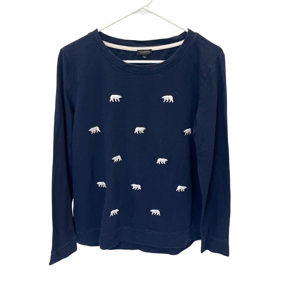 Talbots Navy Blue Polar Bear Embroidered Cotton Sweatshirt Top Womens Medium